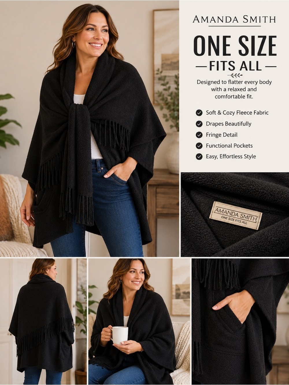 Amanda Smith Black Fringe-Trim Cape Jacket with pockets ONE SIZE FITS ALL
